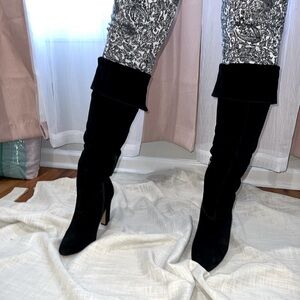 Block heel black high knee boots